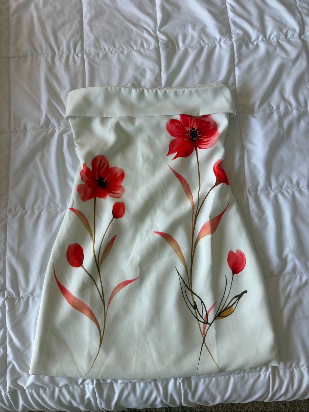White Strapless Floral Dress with Red Poppy Print